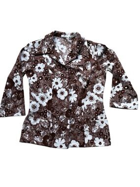Vintage Elite Canada 1970s Women's Brown Floral Button-Front Blouse Size 14